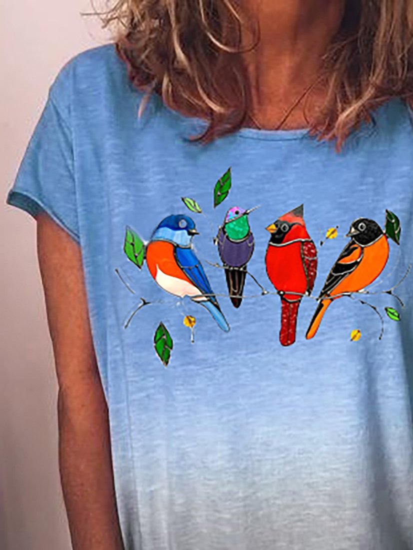 Gradient Bird Print Round Neck Short Sleeve T-shirt - LuckyFash™