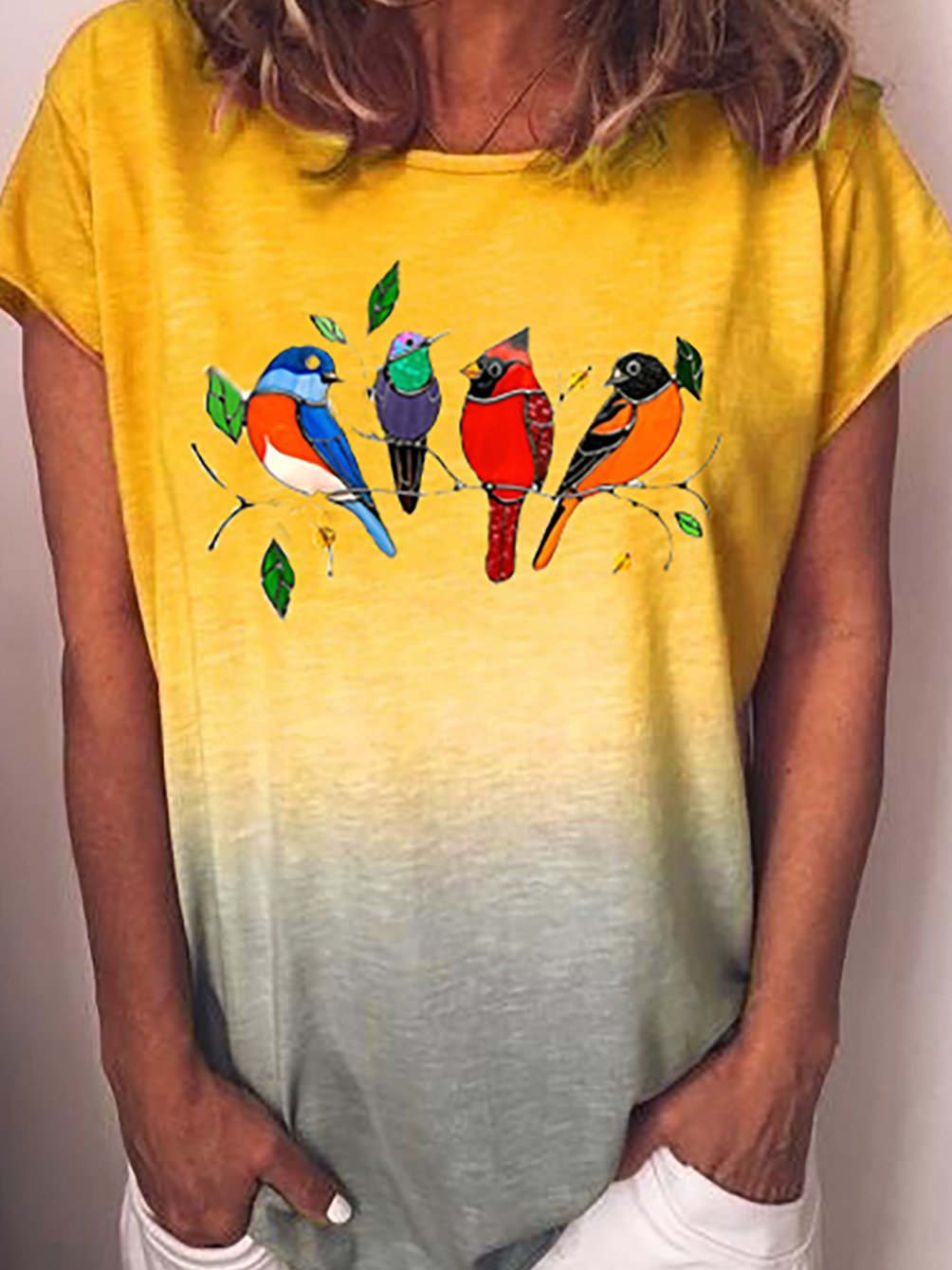 Gradient Bird Print Round Neck Short Sleeve T-shirt - LuckyFash™