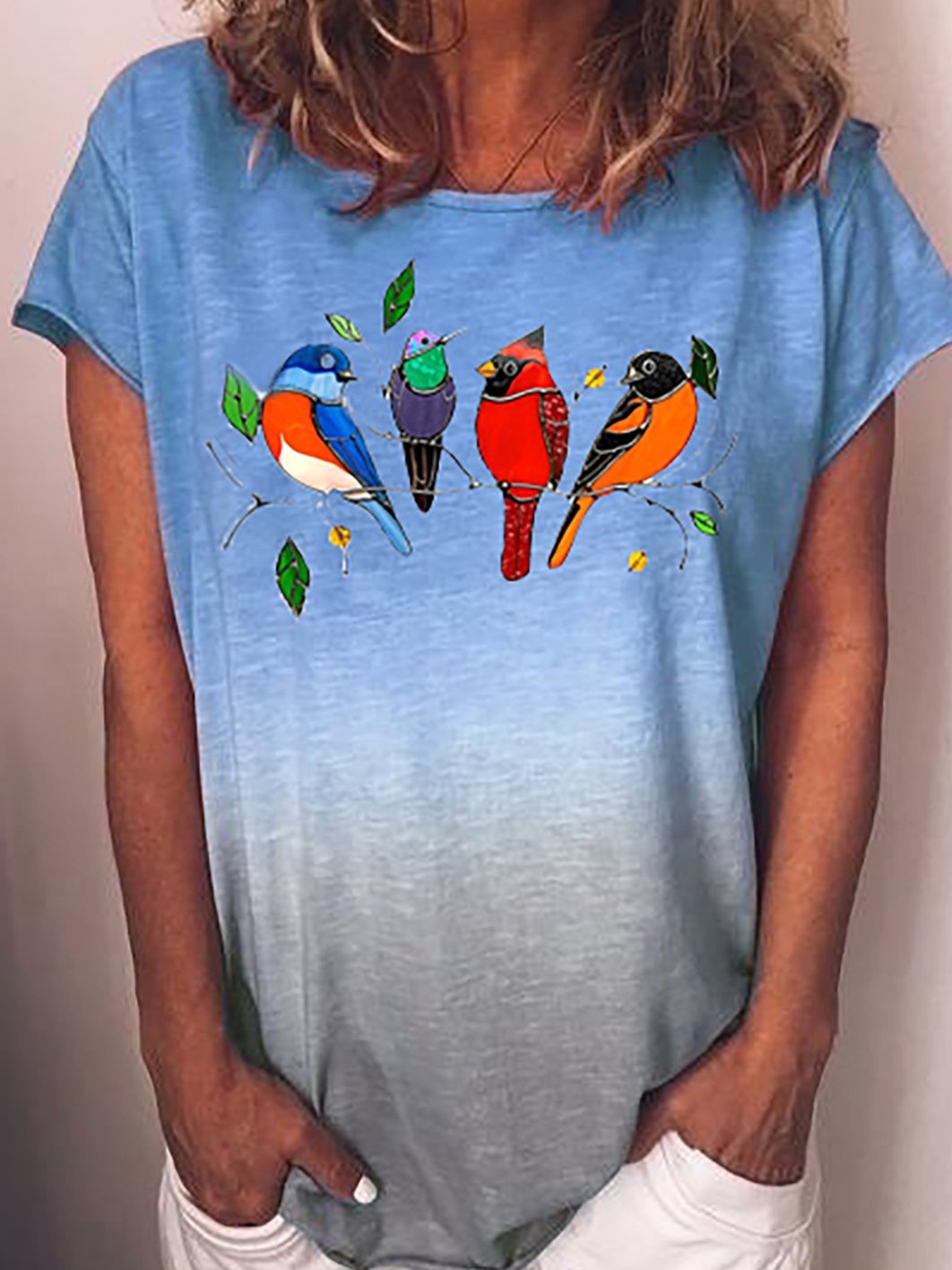 Gradient Bird Print Round Neck Short Sleeve T-shirt - LuckyFash™
