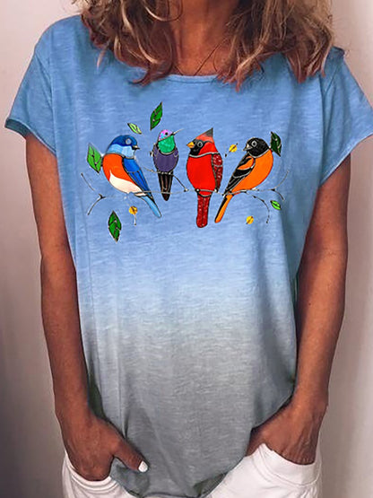 Gradient Bird Print Round Neck Short Sleeve T-shirt - LuckyFash™