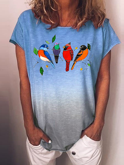 Gradient Bird Print Round Neck Short Sleeve T-shirt - LuckyFash™