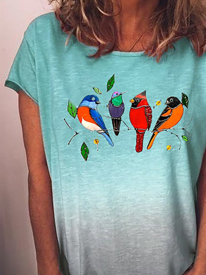 Gradient Bird Print Round Neck Short Sleeve T-shirt - LuckyFash™