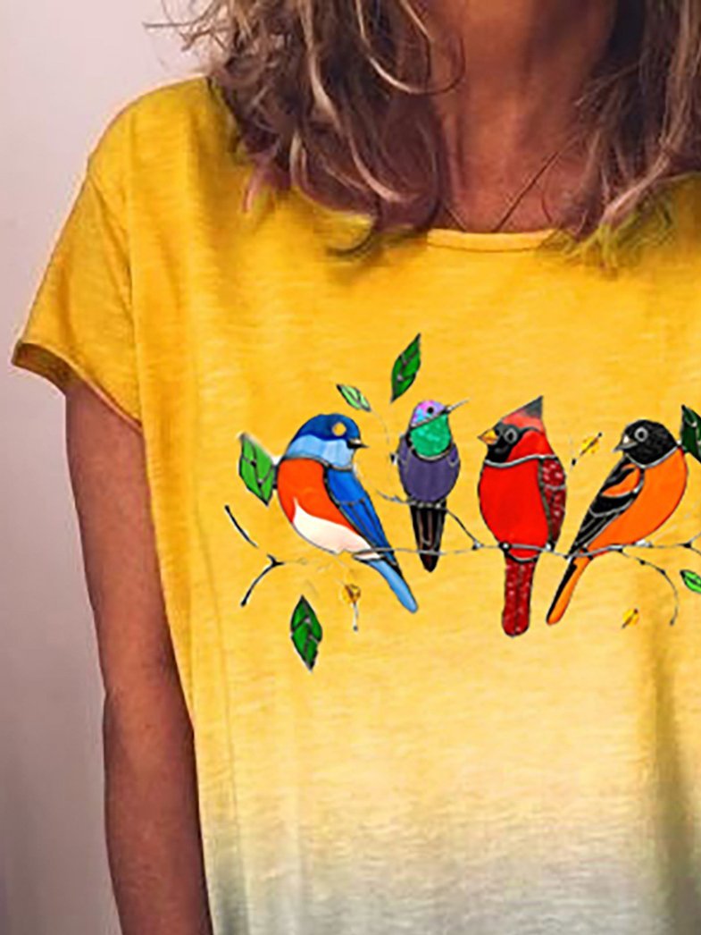 Gradient Bird Print Round Neck Short Sleeve T-shirt - LuckyFash™