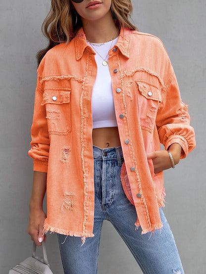 Shacket Pink Purple Orange Plain Button Pocket Long Sleeve Casual Daily Basic Shirt Collar Regular Denim S for Women - LuckyFash™