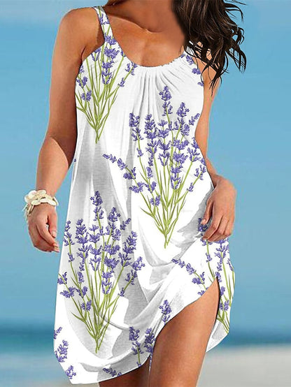 Women's Beach Dress Beach Wear Mini Dress Print Basic Casual Leaf Spaghetti Strap Sleeveless Regular Fit Daily Vacation White Pink 2023 Summer Spring S M L XL - LuckyFash™