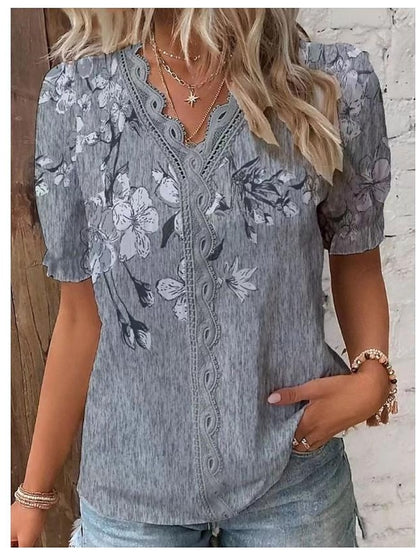 Women's Shirt Blouse Pink Purple Green Floral Lace Trims Print Short Sleeve Casual Holiday Basic V Neck Regular Floral S - LuckyFash™