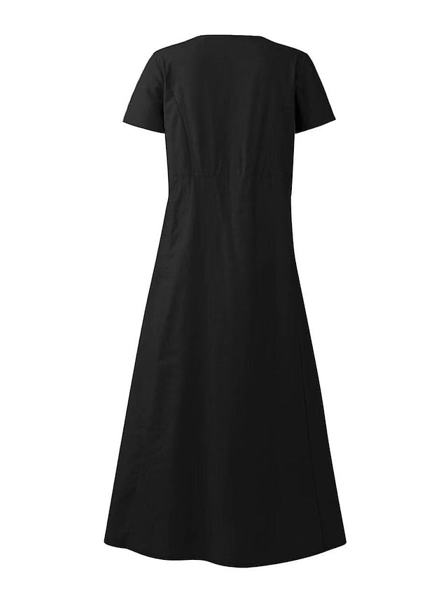 Cotton Linen Dress Casual Dress Swing Dress Maxi long Dress Linen Cotton Blend Fashion Classic Outdoor Daily Vacation Crew Neck Pocket Short Sleeve Summer Spring  Loose Fit Black Pink Sky for Women - LuckyFash™