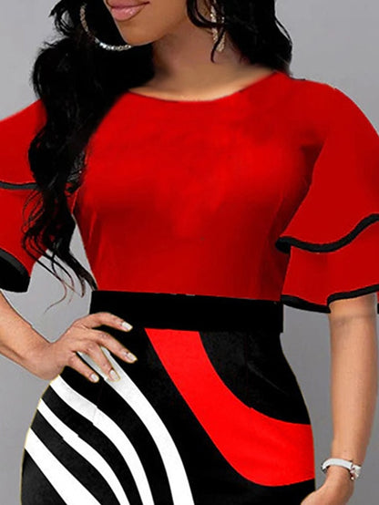 Women's Work Dress Sheath Dress Semi Formal Dress Fashion Flared Sleeve Midi Dress Ruffle Print Crew Neck Half Sleeve Color Block Sunflower Slim White Red Summer Spring S M L XL XXL - LuckyFash™