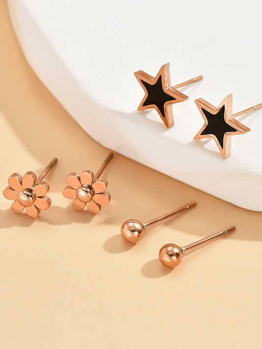 3 Pairs Stud Earrings Earrings For Women's Work Birthday Gift Steel Classic Star Petal - LuckyFash™