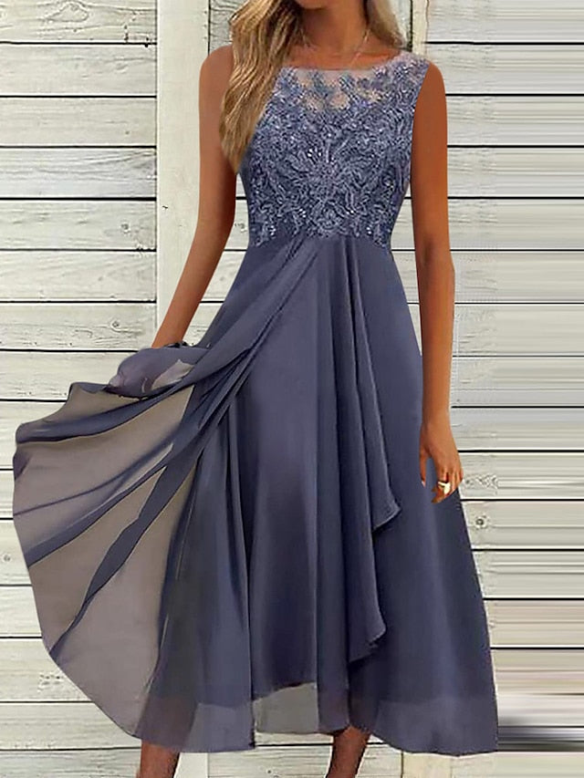 Women's Wedding Guest Dress Party Dress Lace Dress Midi Dress Blue Purple Green Sleeveless Pure Color Lace Summer Spring Fall Crew Neck Fashion Evening Party Wedding Guest Vacation 2023 S M L XL 2XL - LuckyFash™