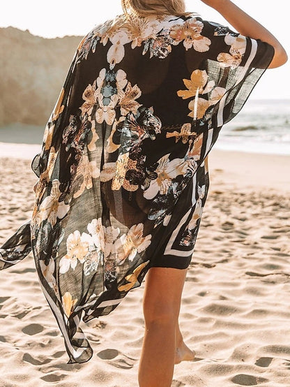 Women's Cover Up Beach Dress Beach Wear Midi Dress Print Basic Casual Floral Open Front Half Sleeve Loose Fit Outdoor Daily Black Navy Blue 2023 Spring Summer One Size - LuckyFash™