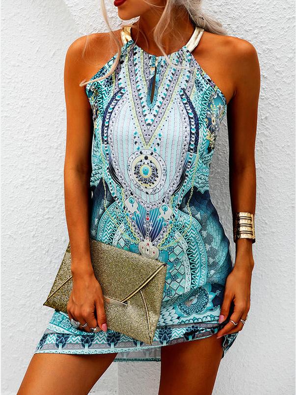 Hanging Neck Leaky Shoulder V-neck Printed Dress - LuckyFash™