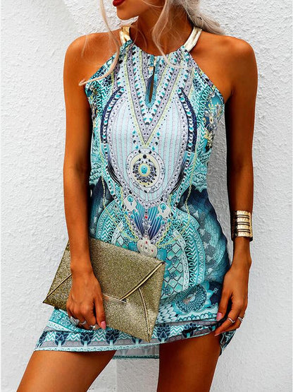 Hanging Neck Leaky Shoulder V-neck Printed Dress - LuckyFash™