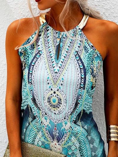 Hanging Neck Leaky Shoulder V-neck Printed Dress - LuckyFash™