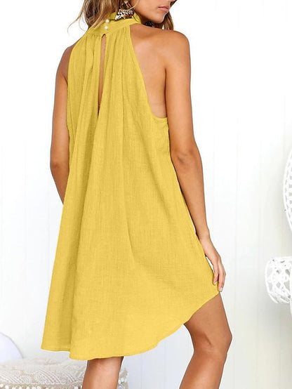 Women's T shirt Dress Tank Top Black White Yellow Plain Asymmetric Flowing tunic Sleeveless Holiday Weekend Basic Streetwear High Neck Long Linen S - LuckyFash™