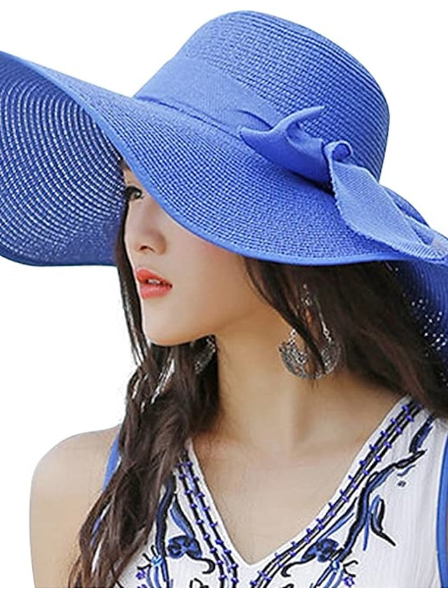 1 pcs Womens 5.5 Inches Big Bowknot Straw Hat Large Floppy Foldable Roll up Beach Cap Sun Hat UPF 50 - LuckyFash™