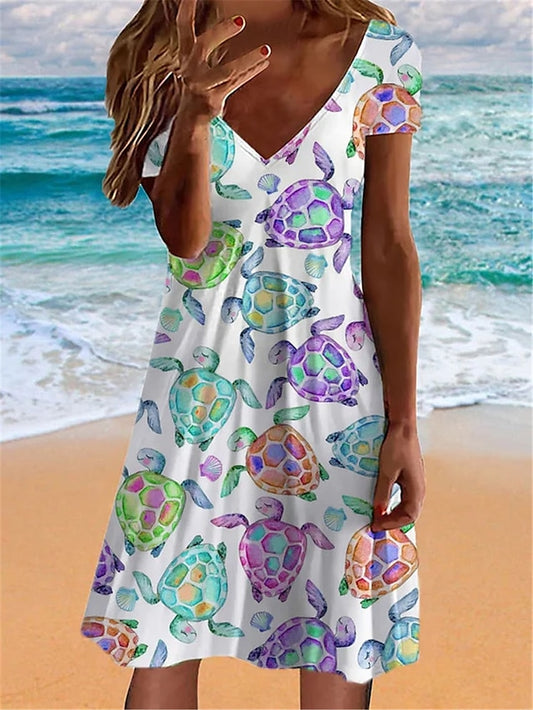 Women's Beach Dress Beach Wear Midi Dress Print Tropical Fashion Animal V Neck Short Sleeve Tailored Fit Outdoor Daily White 2023 Summer Spring S M L XL - LuckyFash™