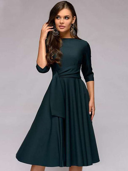 Women's A Line Dress Knee Length Dress Dark Green Navy Blue Beige 3/4 Length Sleeve Pure Color Lace up Fall Spring Round Neck Stylish Elegant Casual Party Slim 2023 S M L XL XXL - LuckyFash™