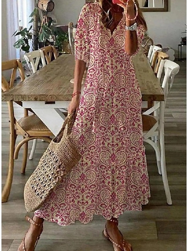 Women's A Line Dress Maxi long Dress Pink Half Sleeve Floral Ethnic Tribe Print Ruched Summer Spring Dress V Neck Stylish Casual Dress 2023 S M L XL XXL 3XL - LuckyFash™