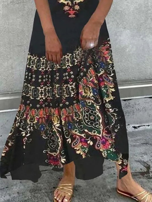 Women's A Line Dress Maxi long Dress Black Short Sleeve Print Color Block Ruched Ethnic Tribal Print Spring Summer V Neck Stylish Modern 2023 S-3XL - LuckyFash™