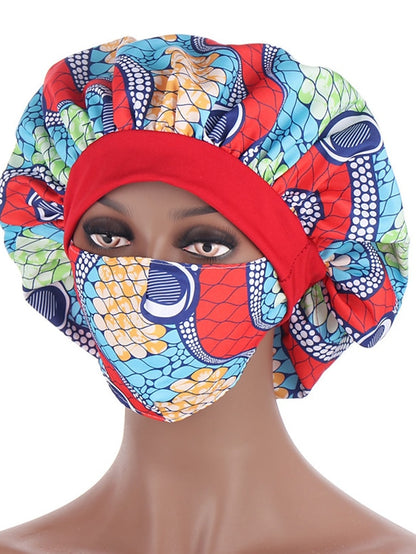 African Pattern Print Satin Bonnet Hijabs Hat Women Night Sleep Cap  with Mask Turban Extra Large Head Wear Lady Head Wrap - LuckyFash™