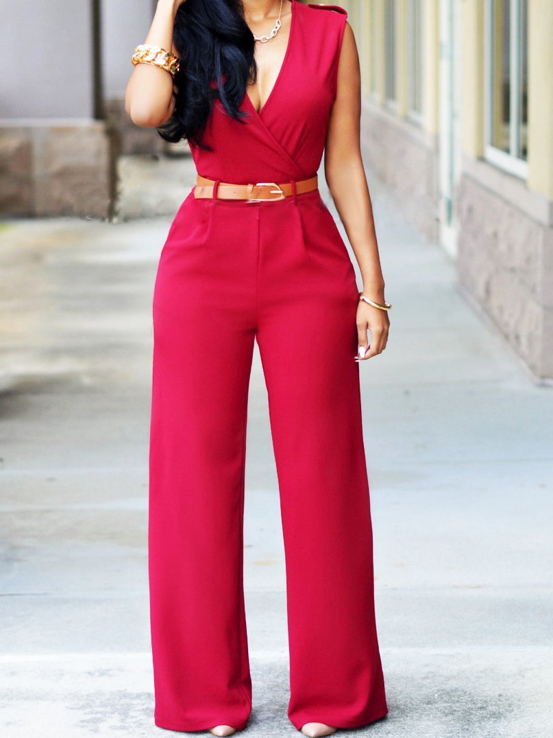 High Waist V-Neck Wide-Leg Irregular Jumpsuit Belt - LuckyFash™