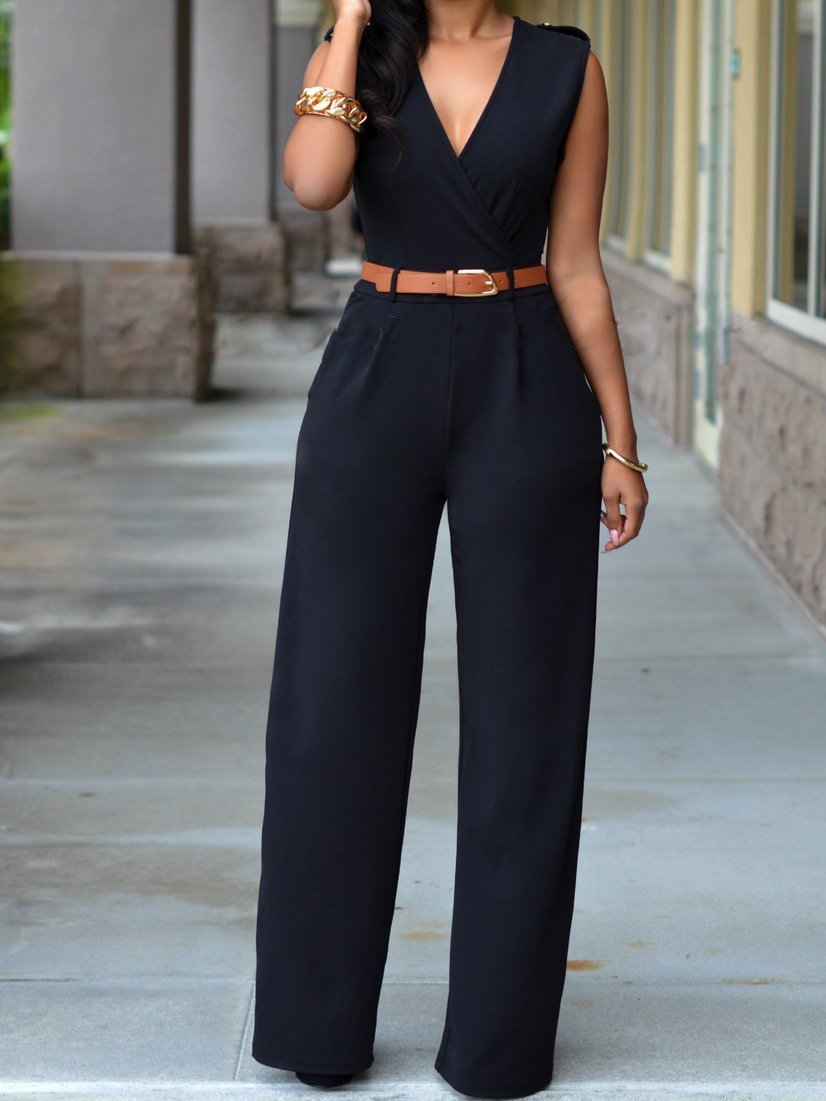 High Waist V-Neck Wide-Leg Irregular Jumpsuit Belt - LuckyFash™