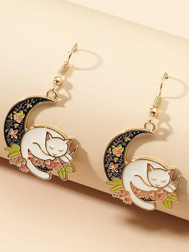 1 Pair Drop Earrings For Women's Party Evening Gift Birthday Alloy Monogram Cat Moon - LuckyFash™