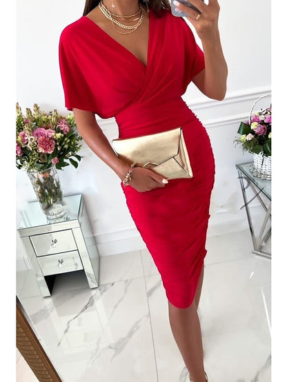 Women's Bodycon Midi Dress Red Green Beige Short Sleeve Pure Color Patchwork Spring Summer V Neck Stylish 2023 S M L XL XXL - LuckyFash™