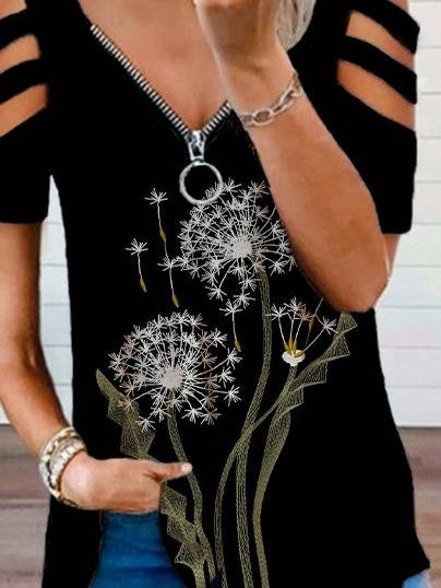 Hollow V-neck Zipper Dandelion Print Short-sleeved T-shirt - LuckyFash™