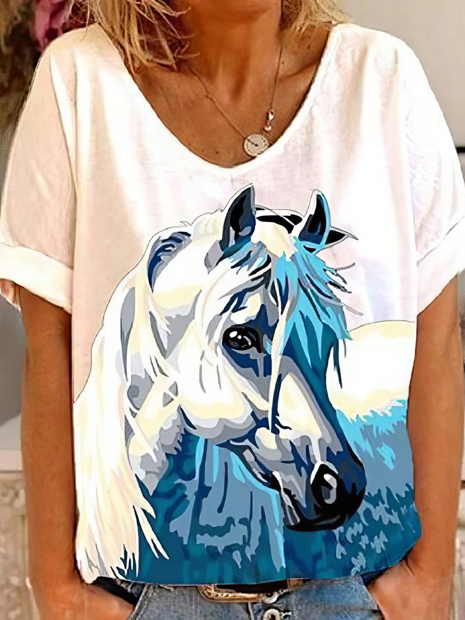 Horse Head Print Short Sleeve V-Neck T-Shirt - LuckyFash™