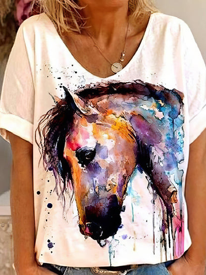 Horse Head Print Short Sleeve V-Neck T-Shirt - LuckyFash™