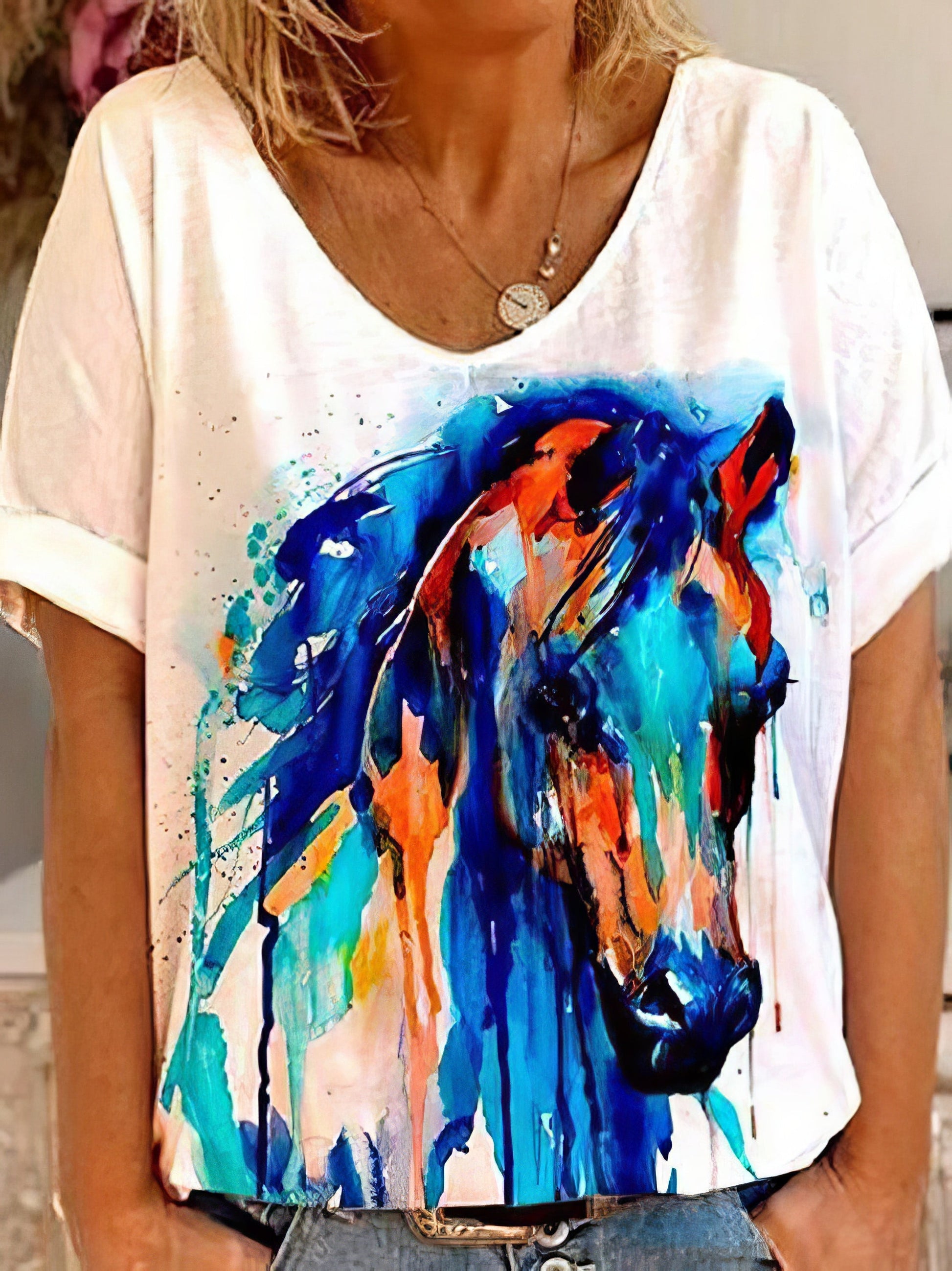 Horse Head Print Short Sleeve V-Neck T-Shirt - LuckyFash™