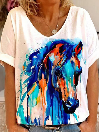 Horse Head Print Short Sleeve V-Neck T-Shirt - LuckyFash™