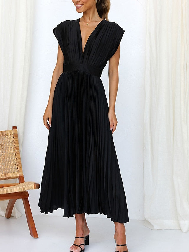 Women's Wedding Guest Dress Swing Dress Formal Dress Long Dress Maxi Dress Black Pink Red Sleeveless Pure Color Pleated Summer Spring Fall V Neck Party Evening Party Wedding Guest Vacation Loose Fit - LuckyFash™