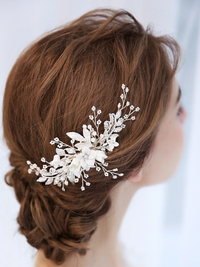 1 Pc Flower Crystal Brides Wedding Hair Comb Elegant Silver Hair Accessories with white Ceramic Flower Pearl Bridal Side Combs Headpiece for Women - LuckyFash™