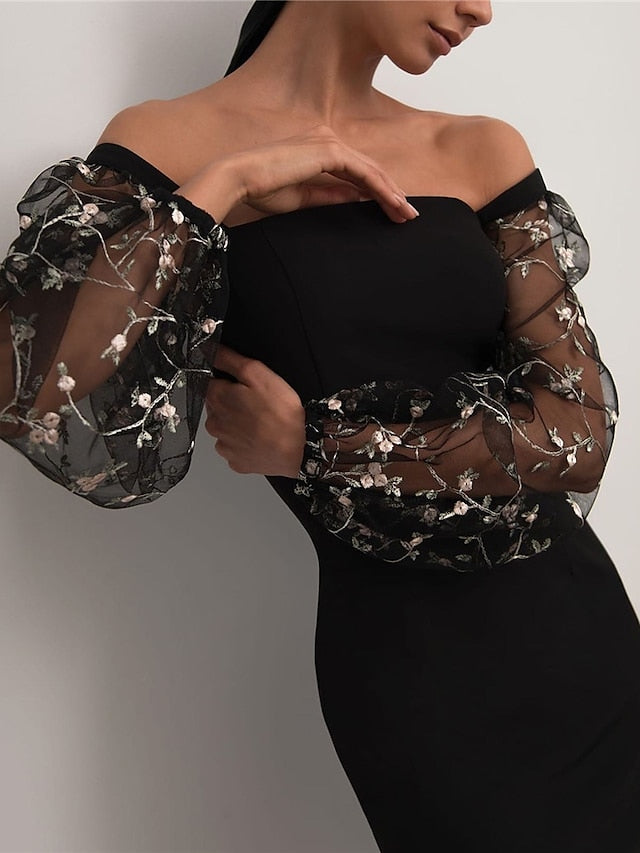 Women's Semi Formal Party Dress Sheath Dress Midi Dress Black White Long Sleeve Floral Mesh Fall Spring Square Neck Winter Dress Wedding Guest Mesh S M L XL - LuckyFash™