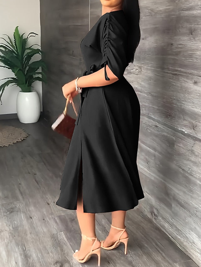 Women's Work Dress Swing Dress Semi Formal Dress Fashion Midi Dress Lace up Off Shoulder Long Sleeve Plain Loose Fit Black Red Blue Summer Spring S M L XL - LuckyFash™