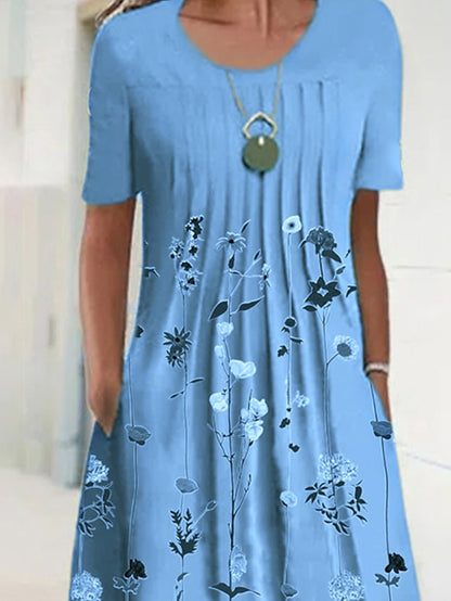 Women's Casual Dress T Shirt Dress Tee Dress Shift Dress Midi Dress Blue Green Short Sleeve Floral Ruched Summer Spring Crew Neck Basic Daily Weekend 2023 S M L XL XXL 3XL - LuckyFash™