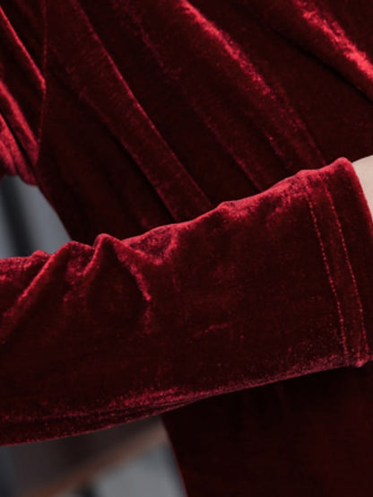 Women's Wedding Guest Dress Velvet Dress Red Midi Dress Purple Wine Royal Blue Black Long Sleeve Pure Color Ruched Winter Fall V Neck Modern Fall Dress 2023 M L XL XXL 3XL Winter Dress - LuckyFash™
