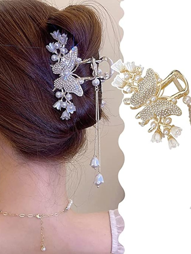 1PC Butterfly Hair Clip Metal Hair Claw Clip Bell Orchids Pearl Tassel Gold Fashion Nonslip Hair Clips Cute Claw Clips with Rhinestones Thick Hair Styling Hair Accessories for Women Christmas Gifts - LuckyFash™