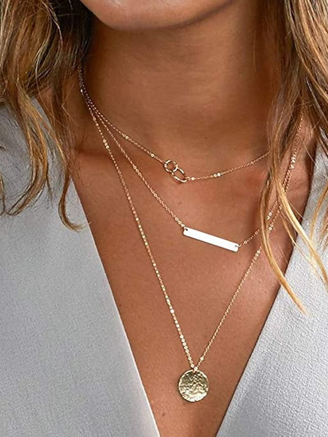 1PC Necklace  Layered Choker Necklace Handmade 14K Gold Plated Y Pendant Necklace Multilayer Bar Disc Necklace Adjustable Layering Choker Necklaces for Women - LuckyFash™