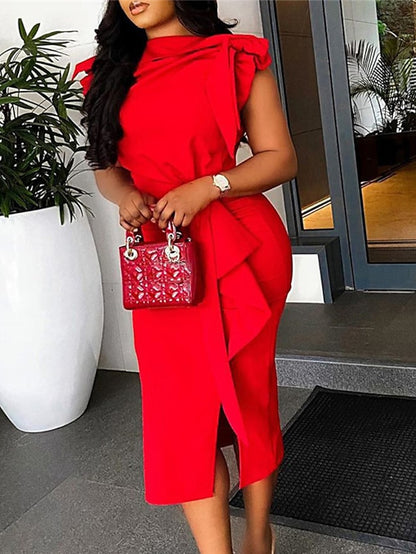 Women's Work Dress Sheath Dress Midi Dress Red Sleeveless Pure Color Ruffle Spring Summer Crew Neck Elegant Dress Party Vacation Slim 2023 S M L XL XXL 3XL - LuckyFash™