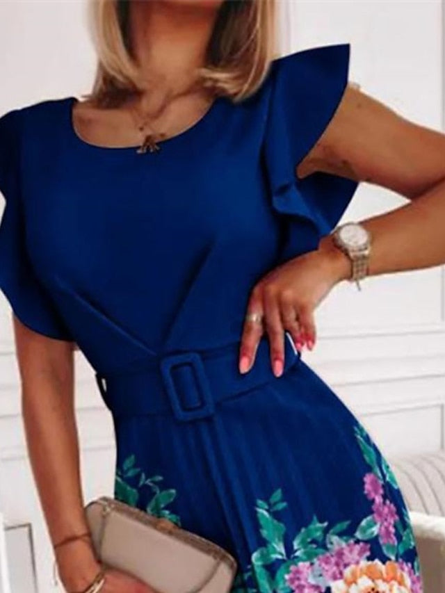 Women's Work Dress Floral Dress Midi Dress Black Pink Blue Short Sleeve Floral Ruched Spring Summer Crew Neck Elegant 2023 S M L XL XXL - LuckyFash™