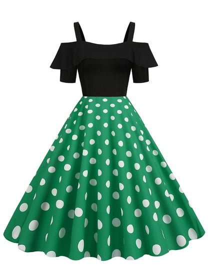 Women's 1950s Vintage Vintage Dress Midi Dress Holiday Date Ruched Print Polka Dot Spaghetti Strap Short Sleeve Regular Fit Summer Spring 2023 Black Yellow S M L XL - LuckyFash™