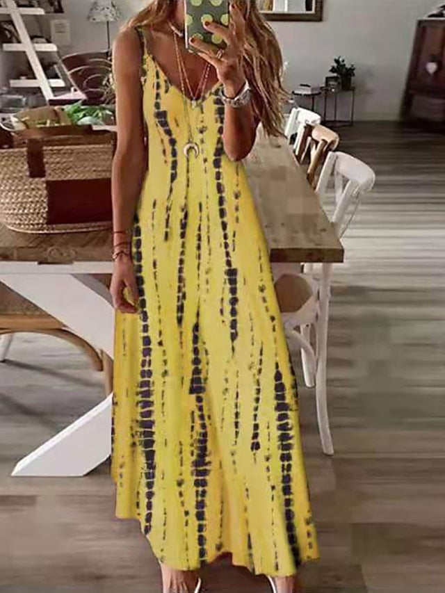 Women's A Line Dress Slip Dress Long Dress Maxi Dress White Yellow Blue Sleeveless Print Print Spring Summer Spaghetti Strap Casual 2023 S M L XL XXL 3XL 4XL 5XL - LuckyFash™