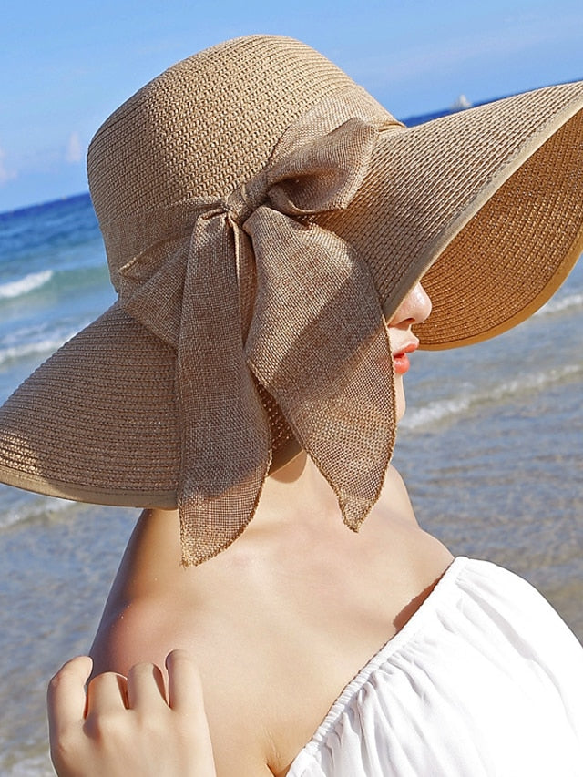 1 pcs Womens 5.5 Inches Big Bowknot Straw Hat Large Floppy Foldable Roll up Beach Cap Sun Hat UPF 50 - LuckyFash™