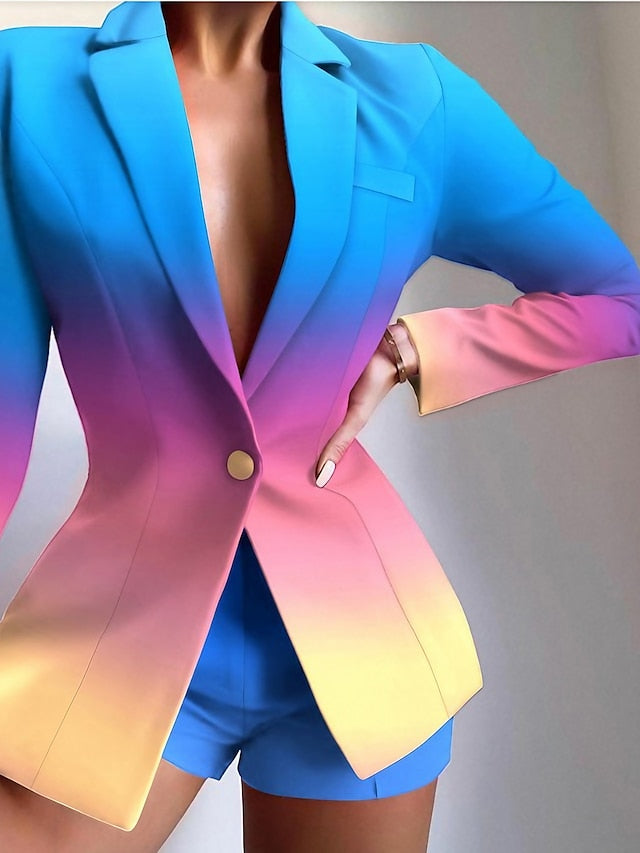 Women's Blazer Office Suit Shorts Sets Streetwear Blue Pink Office Work Business Gradient Print Shirt Collar S M L XL - LuckyFash™