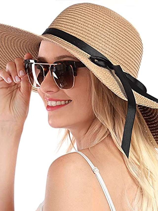 1 Pc Womens Straw Hat Wide Brim Floppy Beach Sun Hat for Women UPF 50 Adjustable Strap Vacation - LuckyFash™