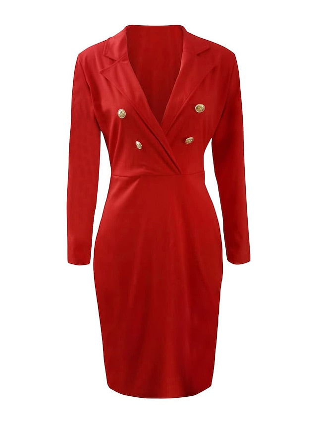 Womenâ€˜s Blazer Dress Sheath Dress Red White Black Long Sleeve Pure Color Button Winter Fall V Neck Casual Sexy Fall Dress 2023 S M L XL XXL / Winter Dress - LuckyFash™